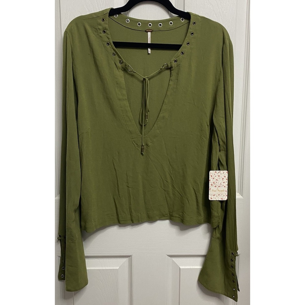 Free People Jump to the Beat Olive Green Women Top Dress Shirt NWT-V Neck Boho M